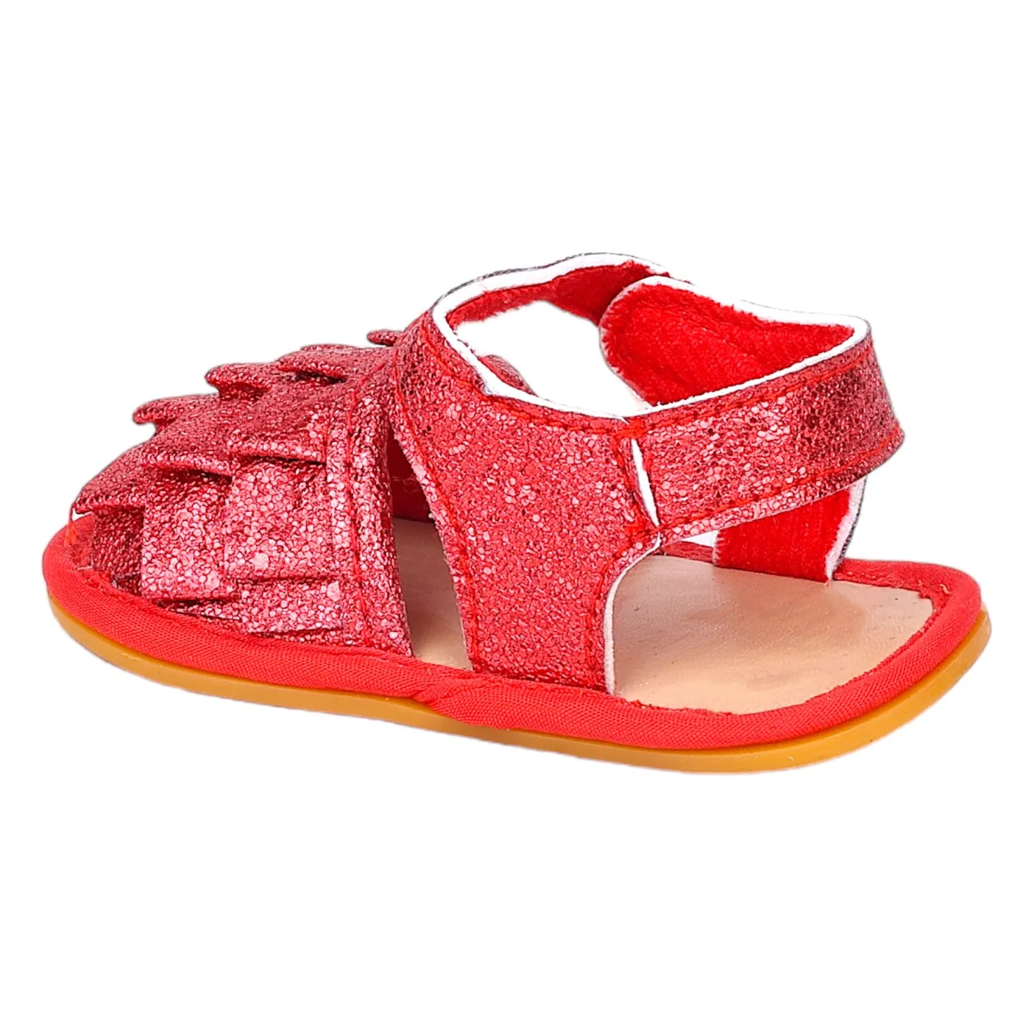 Baby Moo Frilly Glitter Partywear Velcro Straps Anti-Skid Sandals - Red