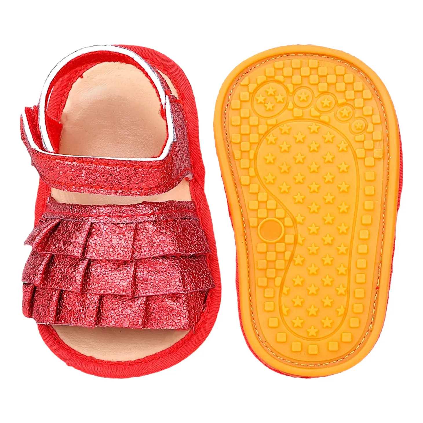 Baby Moo Frilly Glitter Partywear Velcro Straps Anti-Skid Sandals - Red
