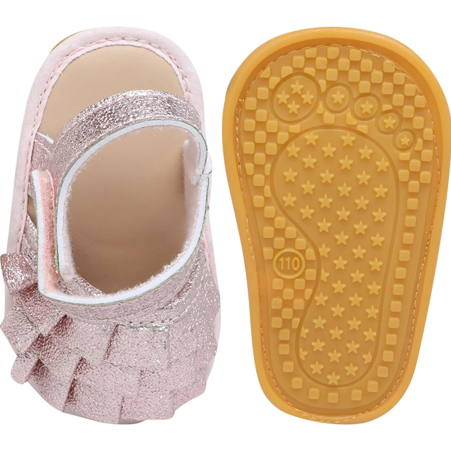 Baby Moo Frilly Glitter Partywear Velcro Straps Anti-Skid Sandals - Pink, Rose Gold