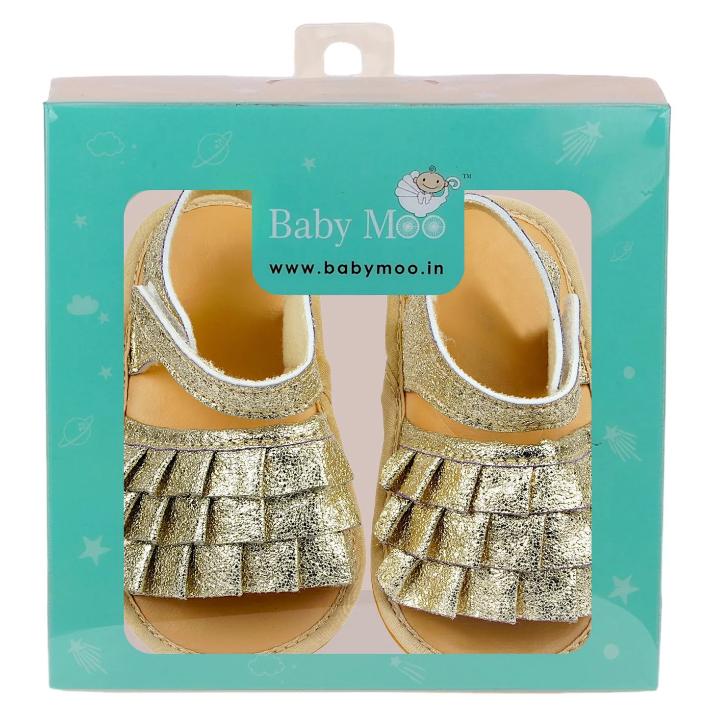 Baby Moo Frilly Glitter Partywear Velcro Straps Anti-Skid Sandals - Gold