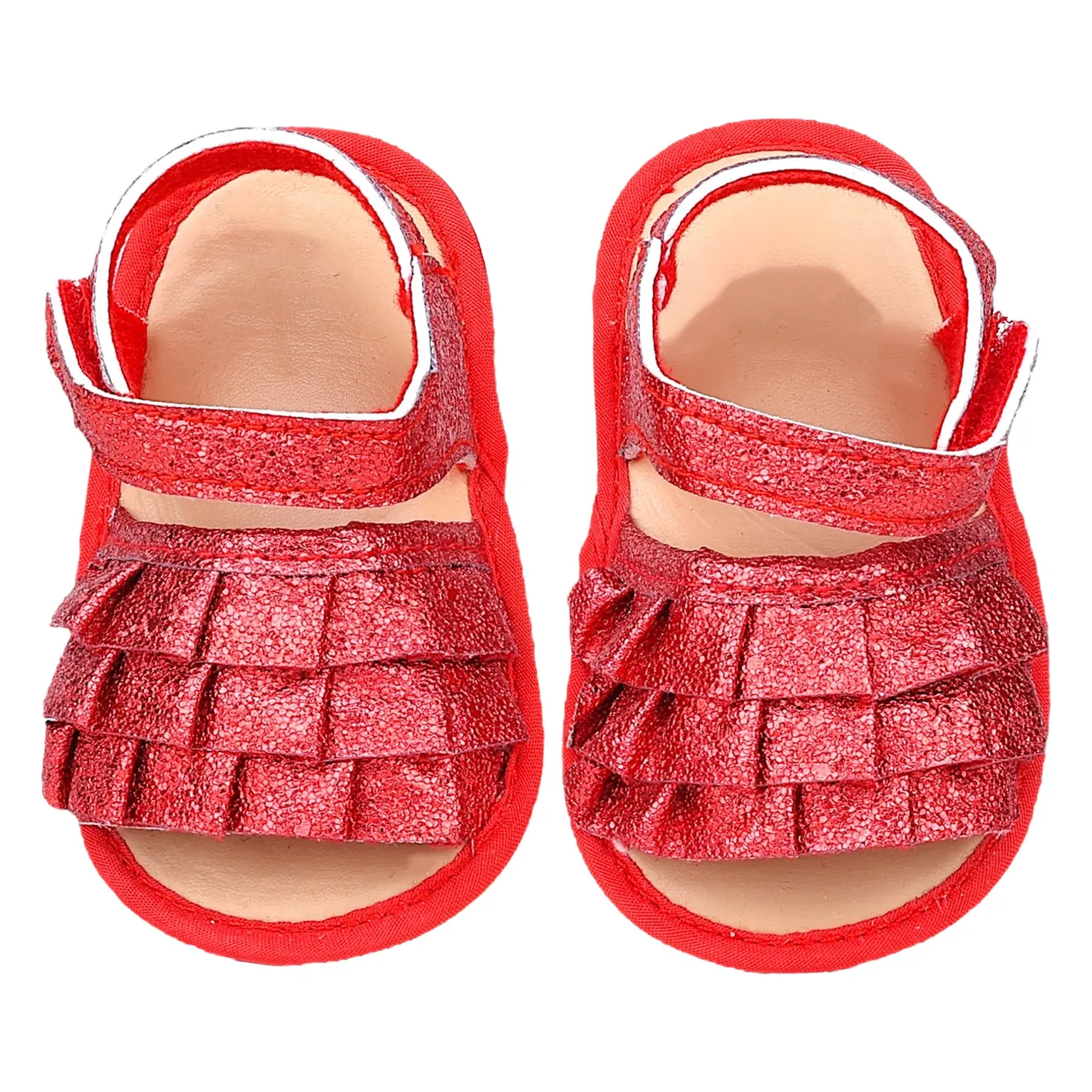 Baby Moo Frilly Glitter Partywear Velcro Straps Anti-Skid Sandals - Red