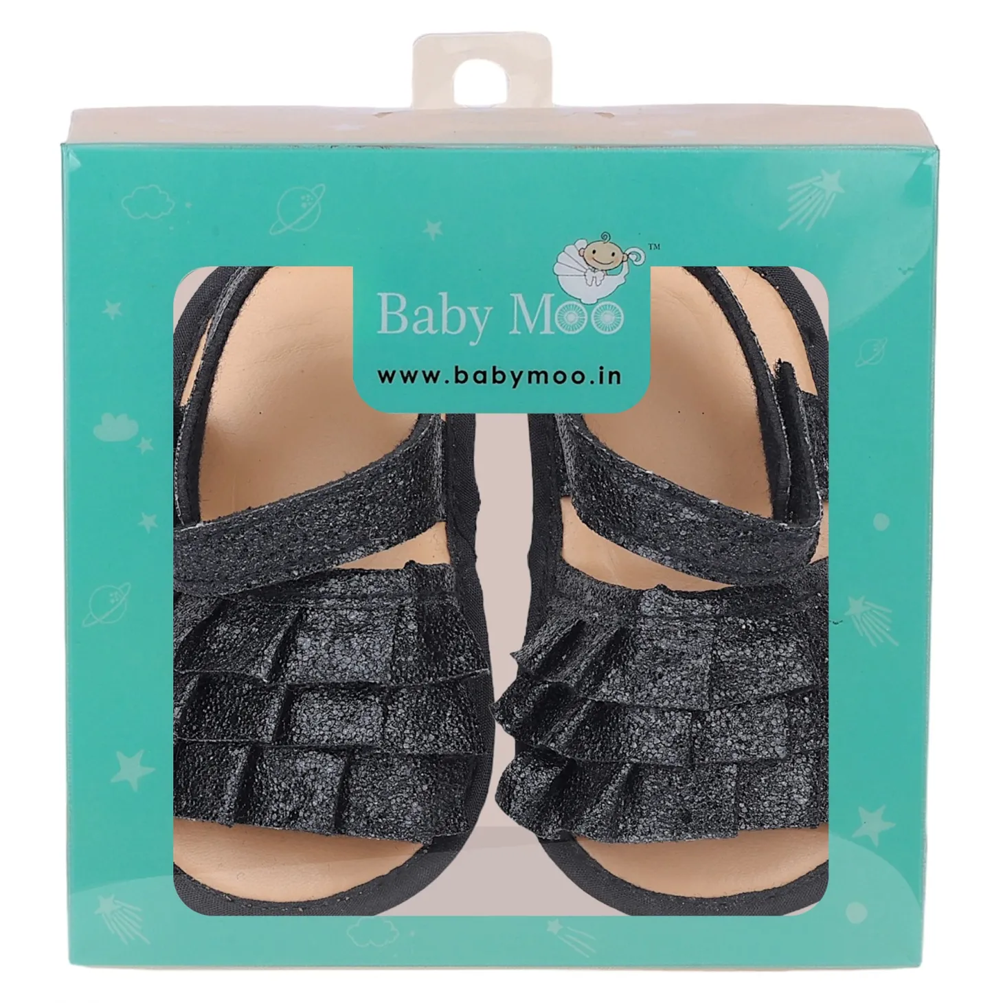 Baby Moo Frilly Glitter Partywear Velcro Straps Anti-Skid Sandals - Black