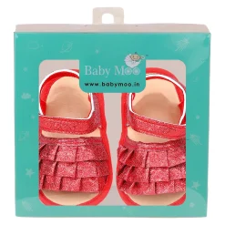 Baby Moo Frilly Glitter Partywear Velcro Straps Anti-Skid Sandals - Red