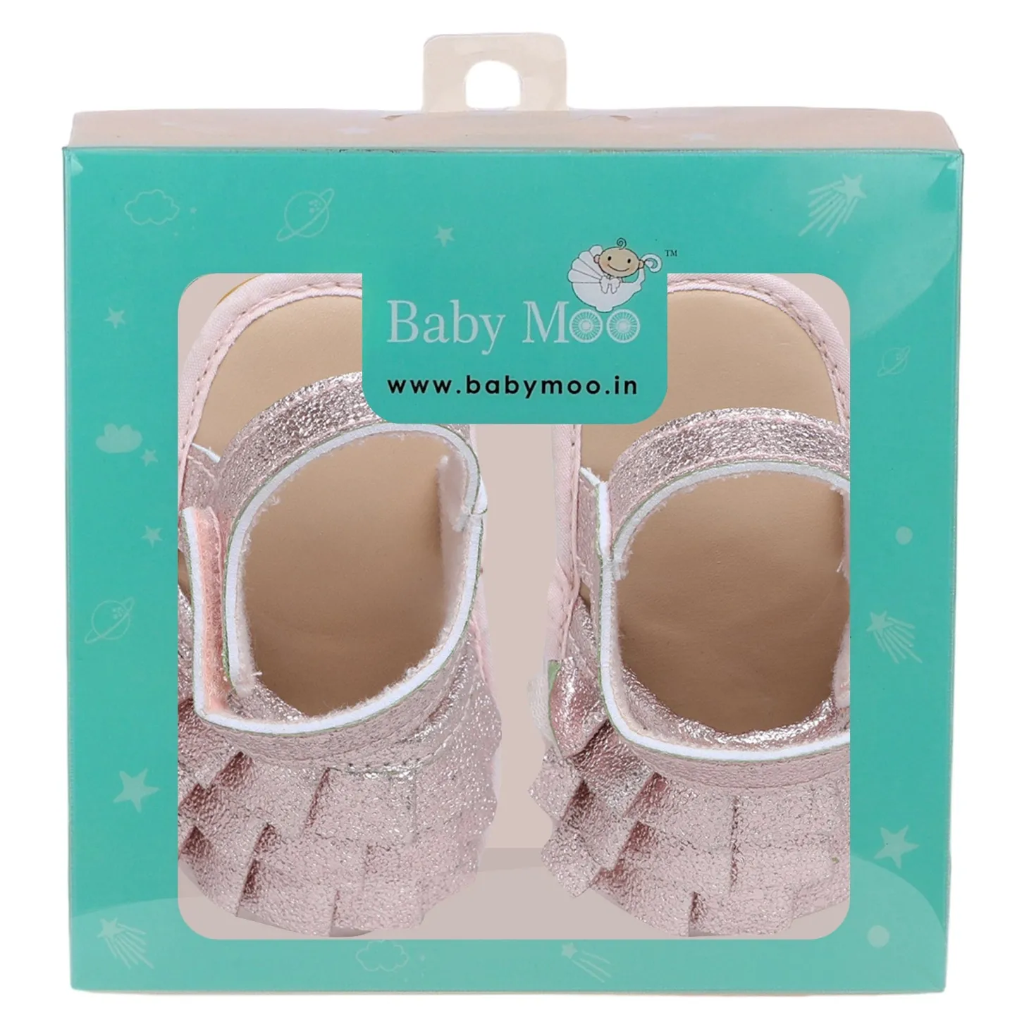 Baby Moo Frilly Glitter Partywear Velcro Straps Anti-Skid Sandals - Pink, Rose Gold