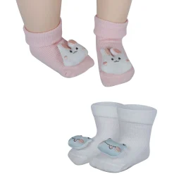 Baby Moo Frog And Rabbit 3D Rattle Anti-Skid Socks Booties Pack of 2 - White, Pink
