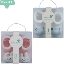 Baby Moo Frog And Rabbit 3D Rattle Anti-Skid Socks Booties Pack of 2 - White, Pink