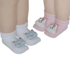 Baby Moo Frog And Rabbit 3D Rattle Anti-Skid Socks Booties Pack of 2 - White, Pink