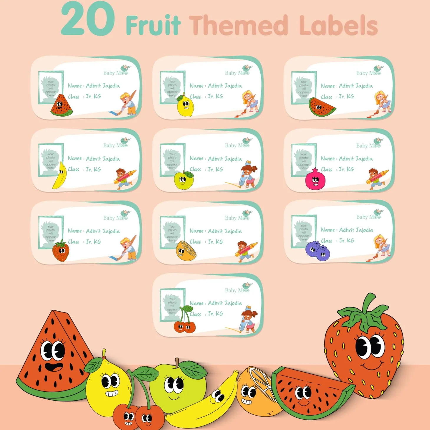 Baby Moo Fruits And Animals Personalised Photo And Name Waterproof Labels 40 Pcs Stationery Set For Children - Multicolour