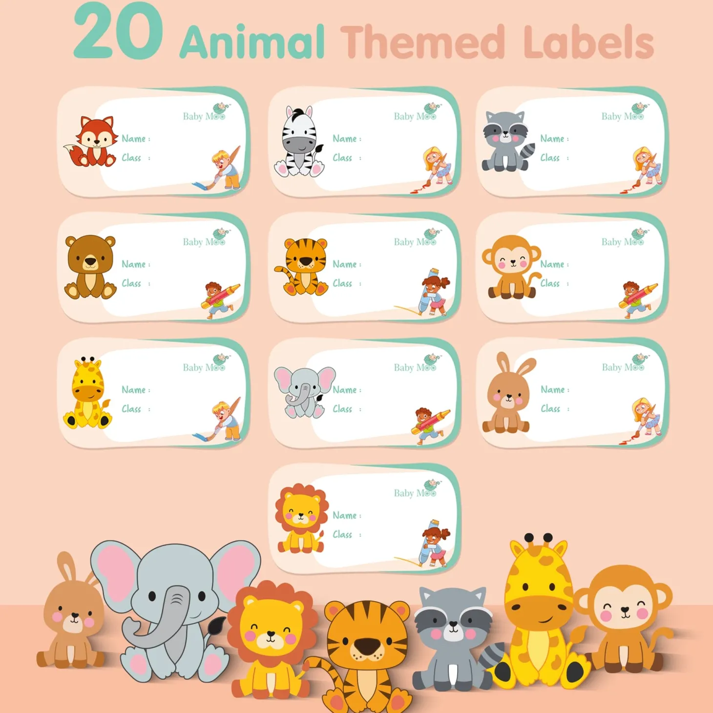 Baby Moo Fruits And Animals Waterproof Labels 40 Pcs Stationery Set For Children - Multicolour