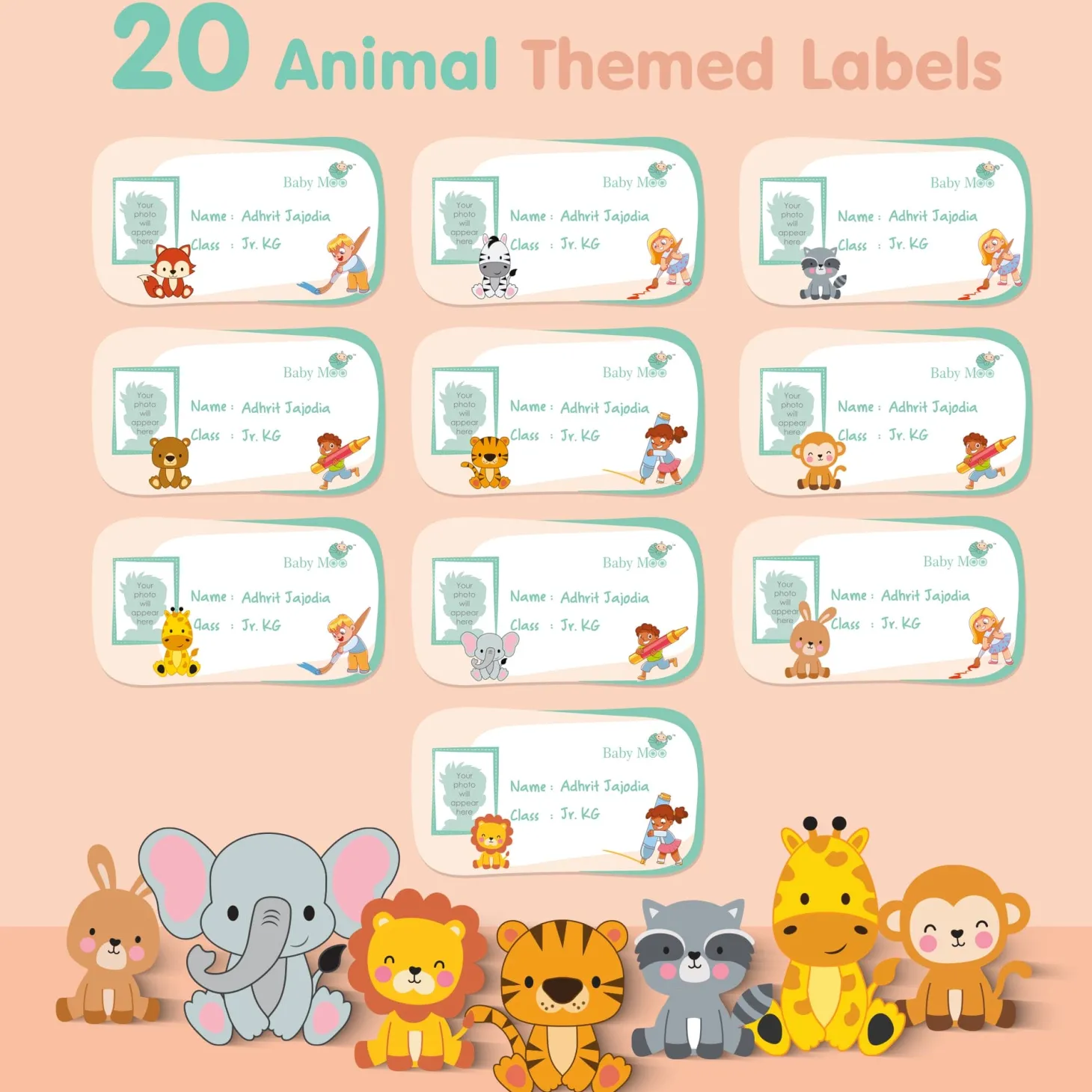 Baby Moo Fruits And Animals Personalised Photo And Name Waterproof Labels 40 Pcs Stationery Set For Children - Multicolour
