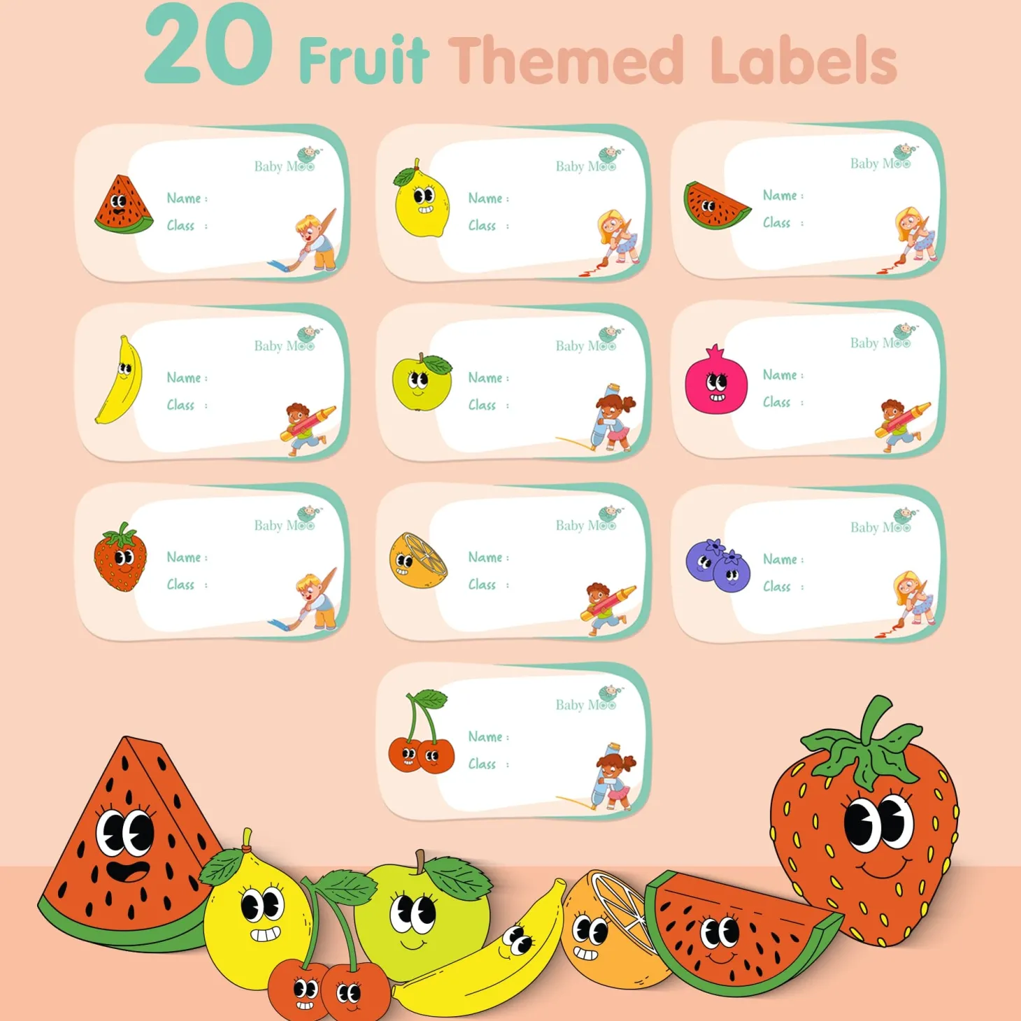 Baby Moo Fruits And Animals Waterproof Labels 40 Pcs Stationery Set For Children - Multicolour
