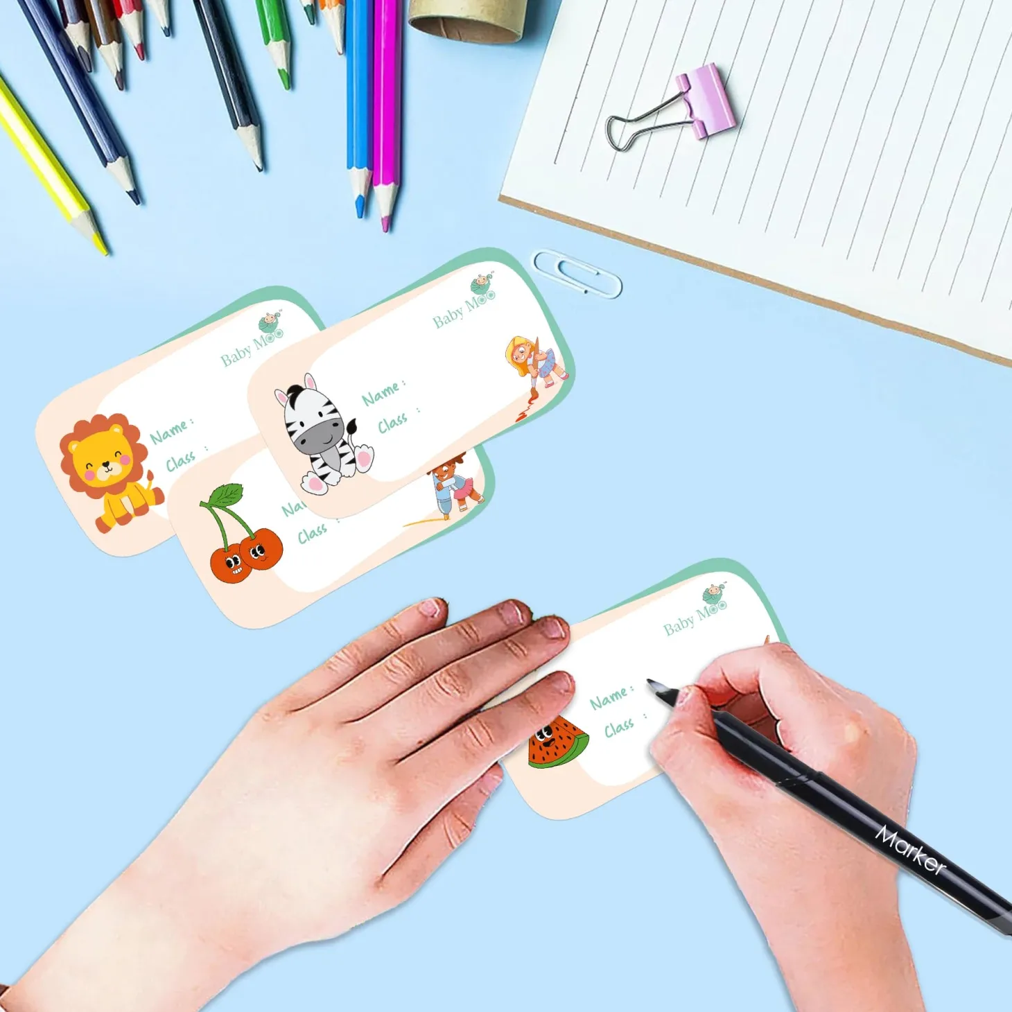 Baby Moo Fruits And Animals Waterproof Labels 40 Pcs Stationery Set For Children - Multicolour
