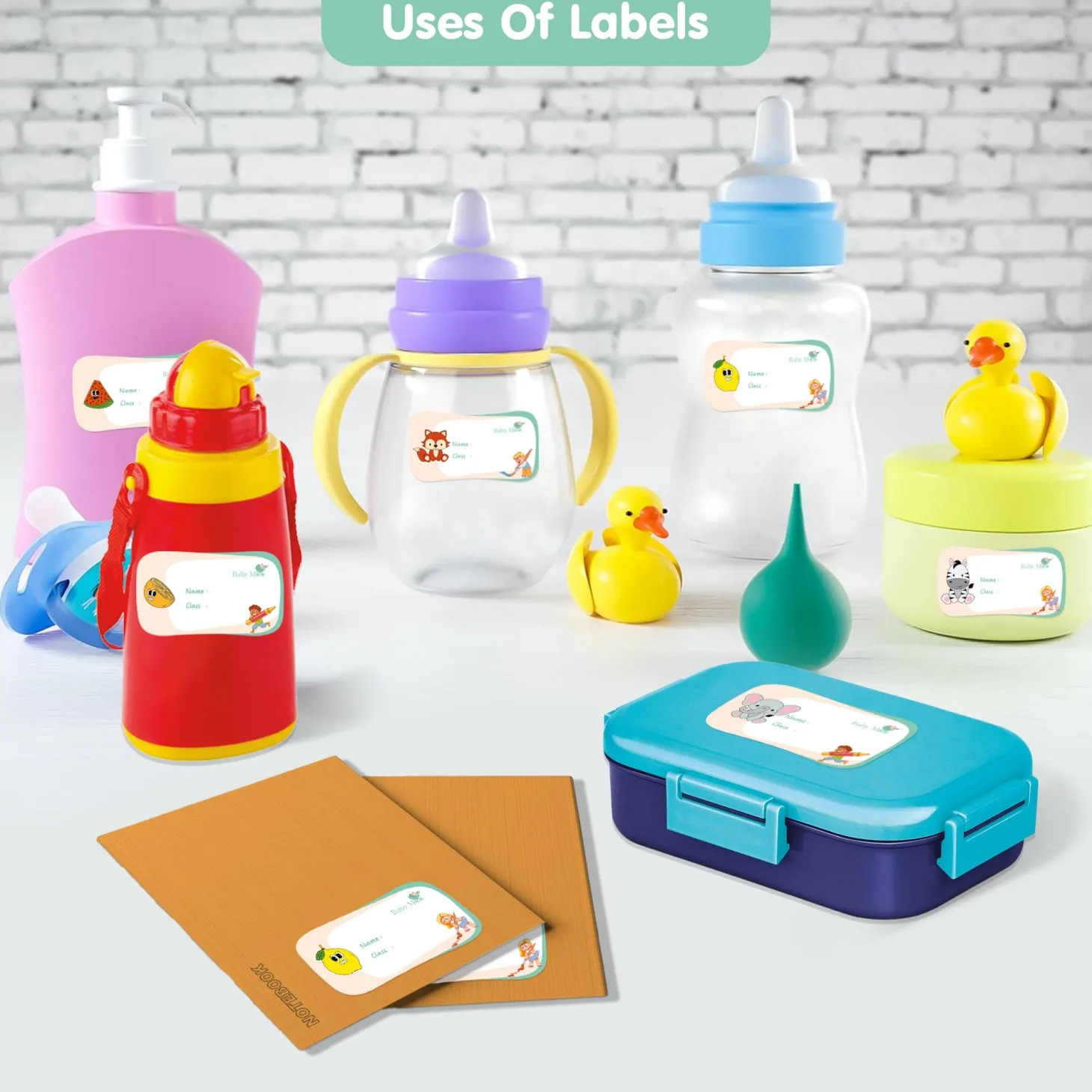 Baby Moo Fruits And Animals Waterproof Labels 40 Pcs Stationery Set For Children - Multicolour