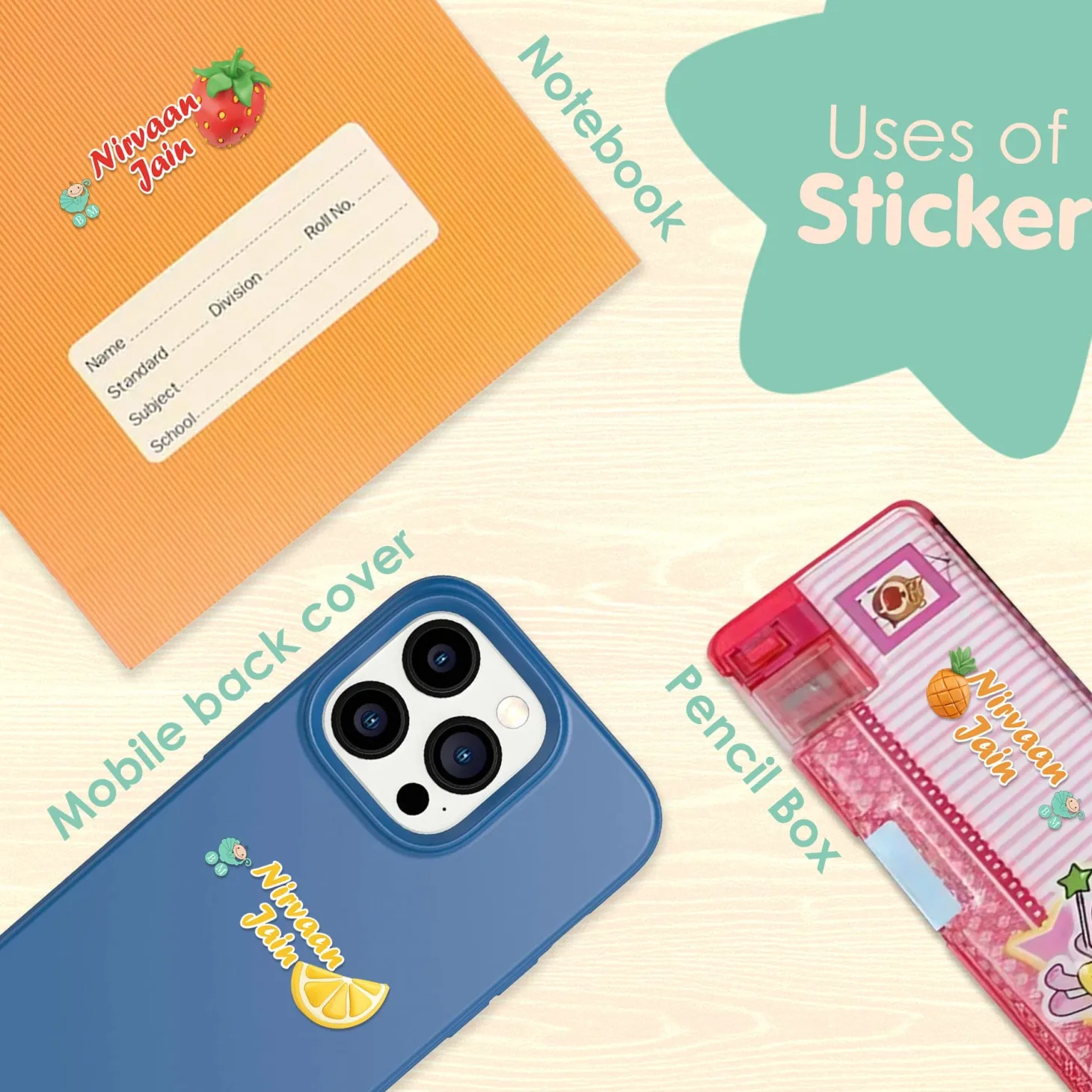 Baby Moo Fruits Personalised Name Self Adhesive Transparent Embossed Stickers, 3D Labels 20 Pcs Stationery Set for Children - Multicolour