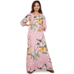 Baby Moo Full Length Comfortable Nursing And Maternity Dress Floral Lily - Pink