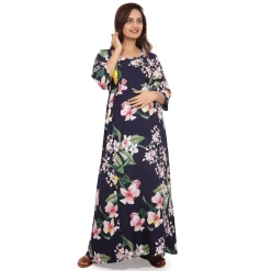 Baby Moo Full Length Comfortable Nursing And Maternity Dress Floral Lily - Blue