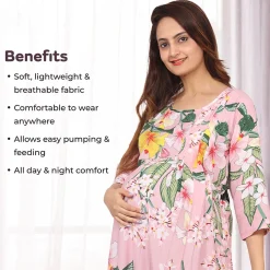 Baby Moo Full Length Comfortable Nursing And Maternity Dress Floral Lily - Pink