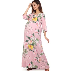 Baby Moo Full Length Comfortable Nursing And Maternity Dress Floral Lily - Pink