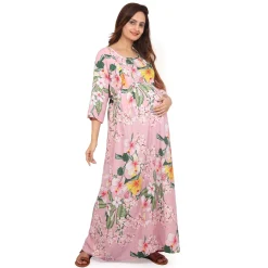 Baby Moo Full Length Comfortable Nursing And Maternity Dress Floral Lily - Pink