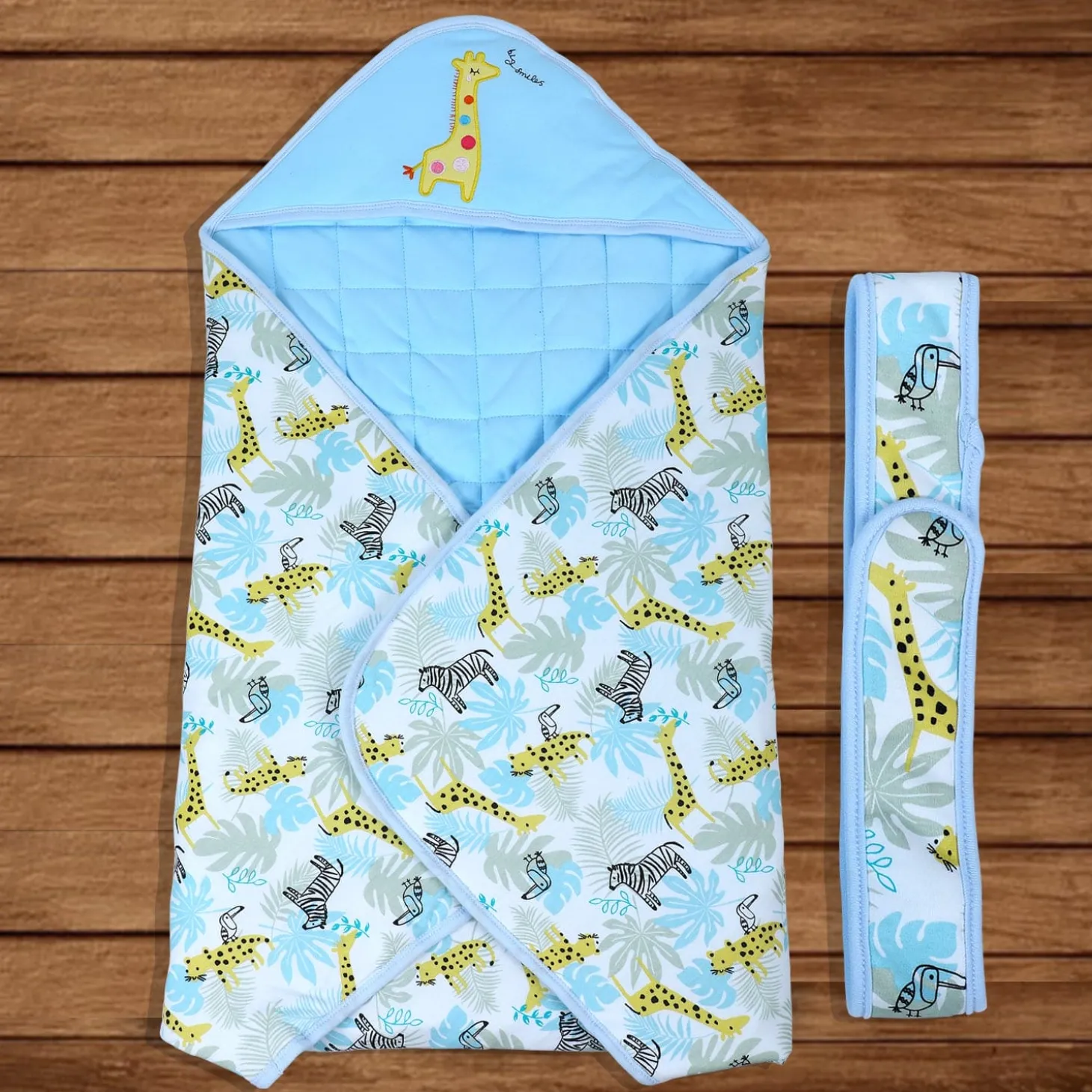 Baby Moo Giraffe Warm Hooded Quilted Wrapper - Blue