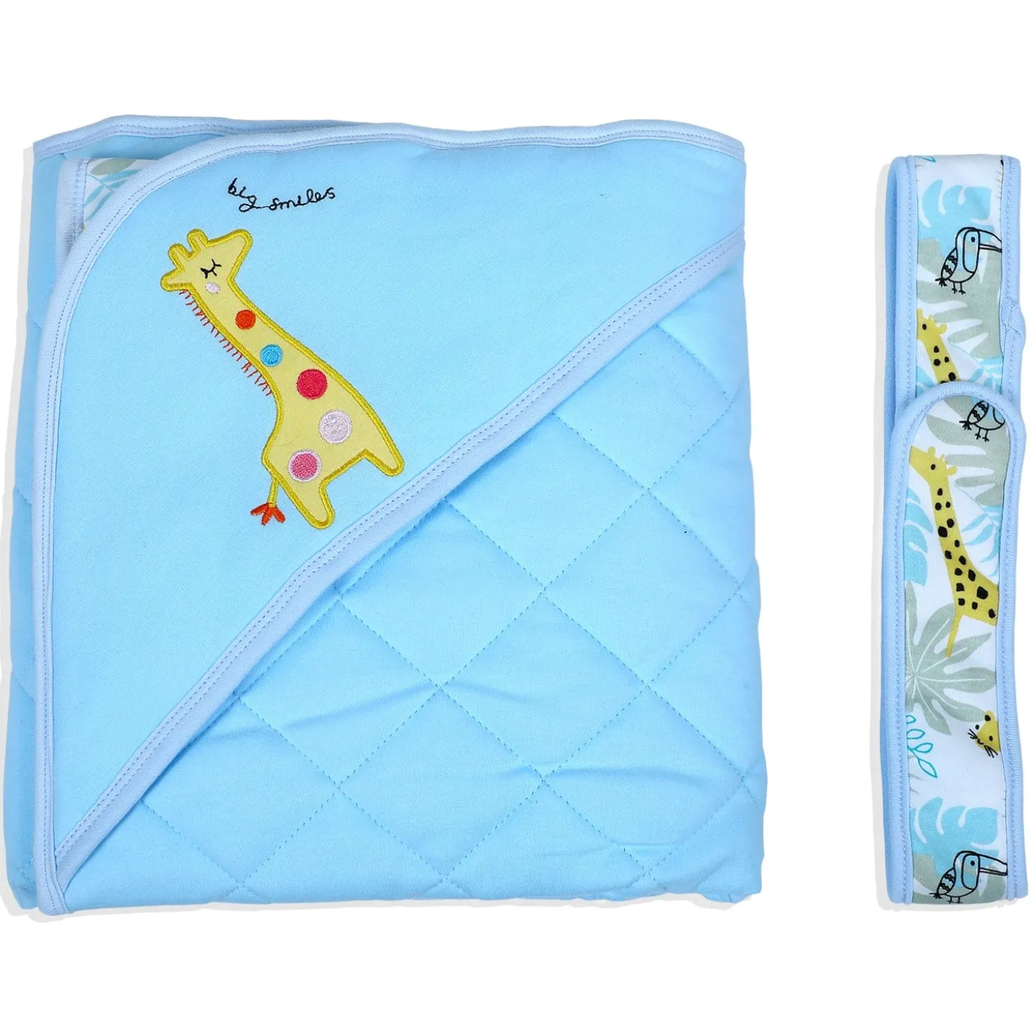 Baby Moo Giraffe Warm Hooded Quilted Wrapper - Blue