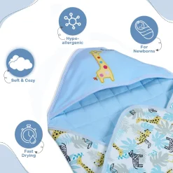 Baby Moo Giraffe Warm Hooded Quilted Wrapper - Blue