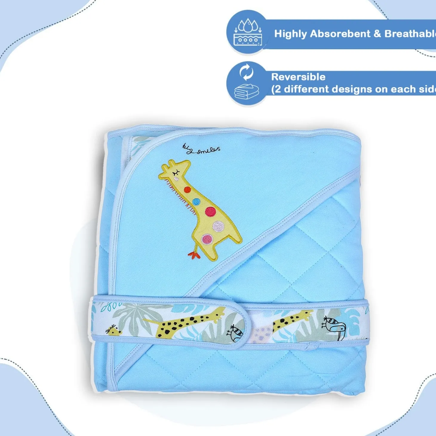 Baby Moo Giraffe Warm Hooded Quilted Wrapper - Blue