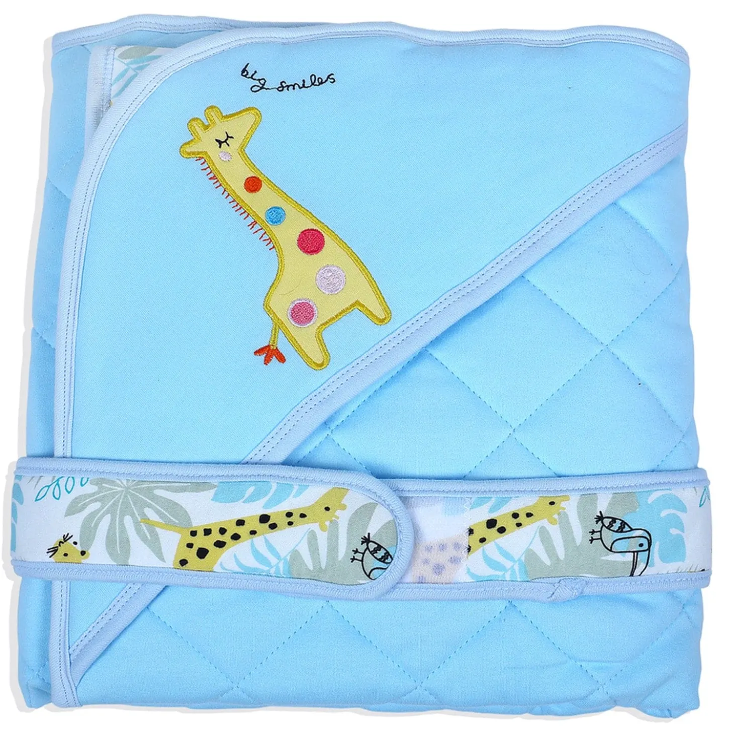Baby Moo Giraffe Warm Hooded Quilted Wrapper - Blue