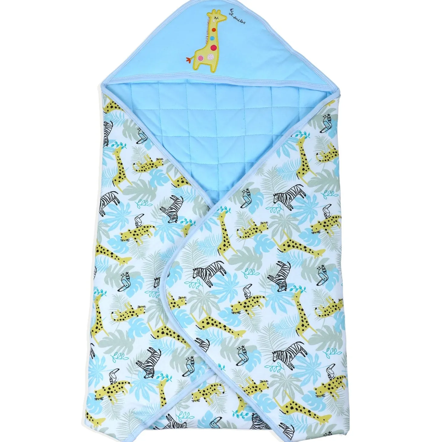 Baby Moo Giraffe Warm Hooded Quilted Wrapper - Blue
