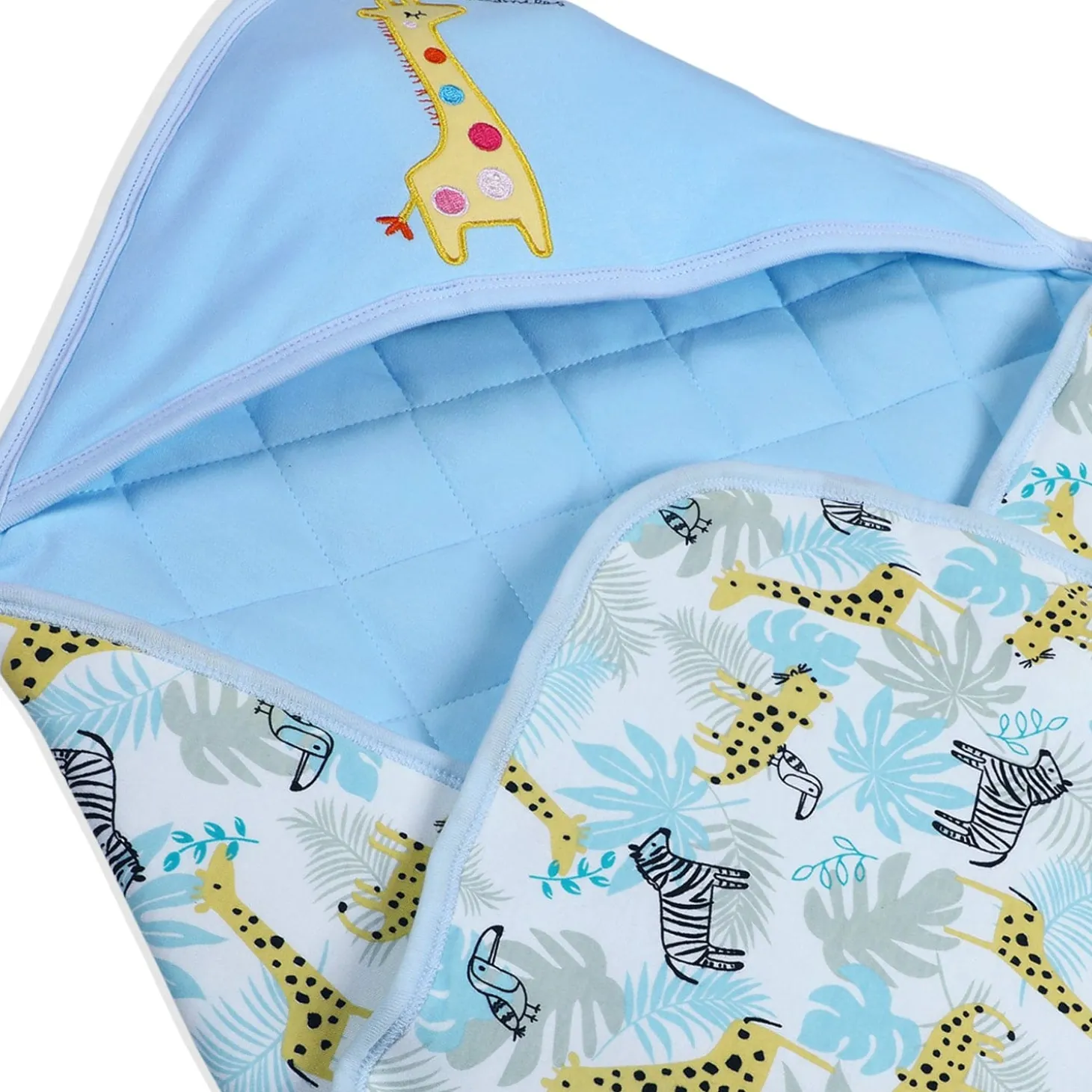 Baby Moo Giraffe Warm Hooded Quilted Wrapper - Blue