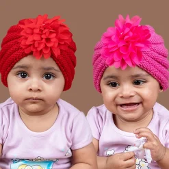 Baby Moo Girls Floral Petals 2 Pack Knitted Turban Caps - Red, Pink