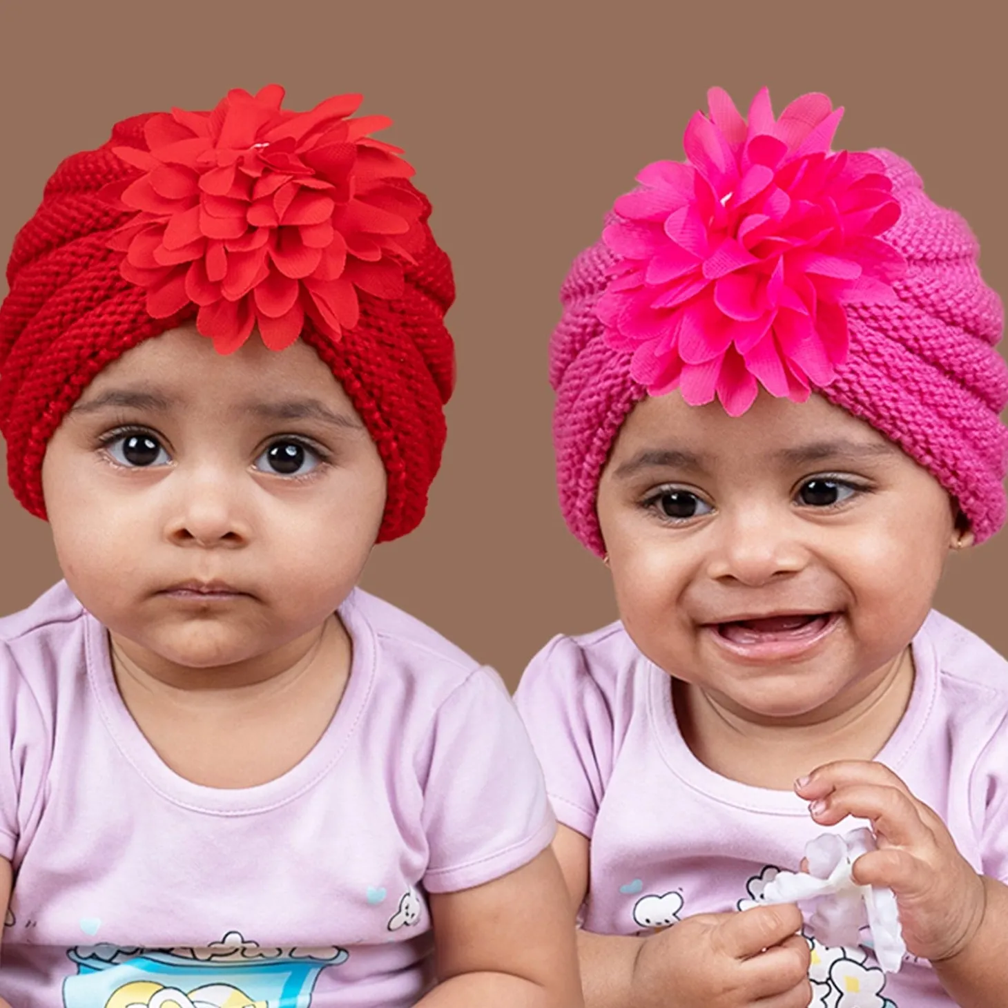 Baby Moo Girls Floral Petals 2 Pack Knitted Turban Caps - Red, Pink