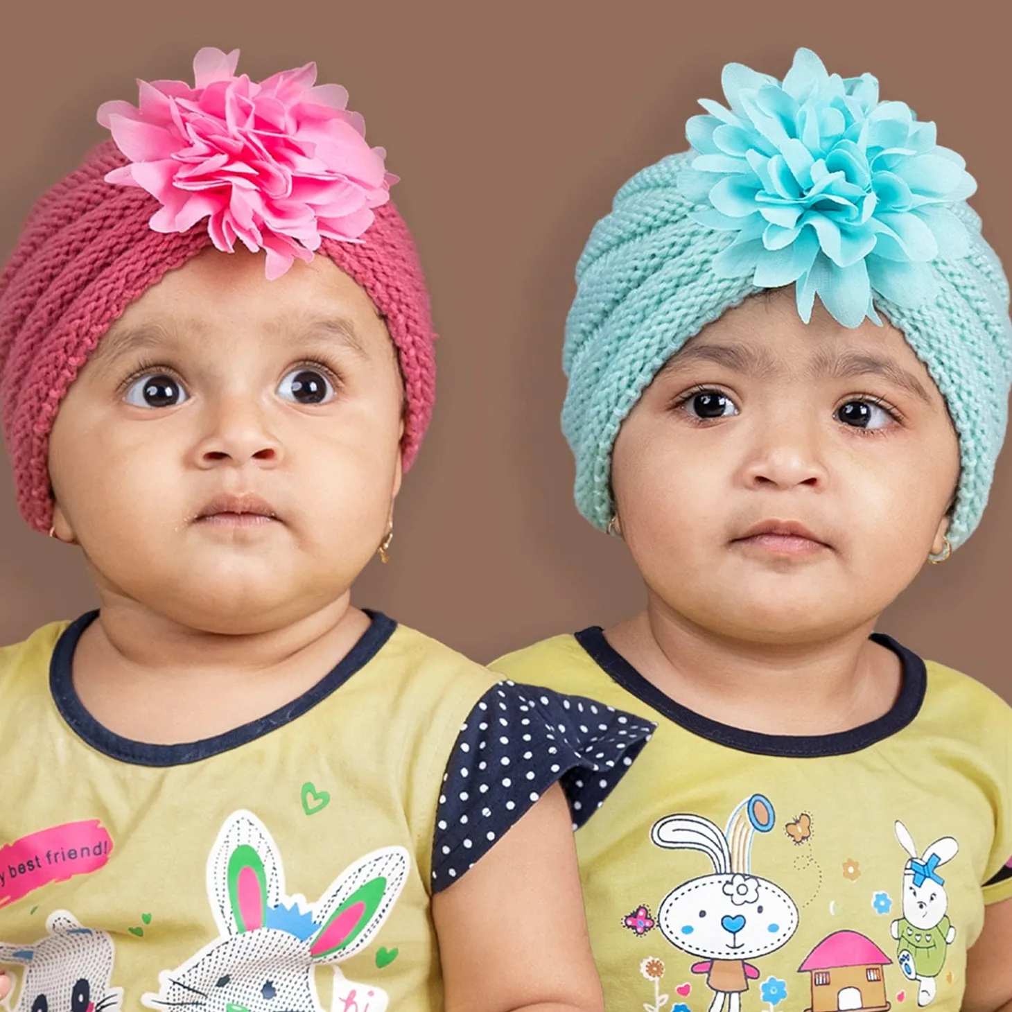 Baby Moo Girls Floral Petals 2 Pack Knitted Turban Caps - Turquoise, Maroon