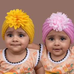 Baby Moo Girls Floral Petals 2 Pack Knitted Turban Caps - Yellow, Pink