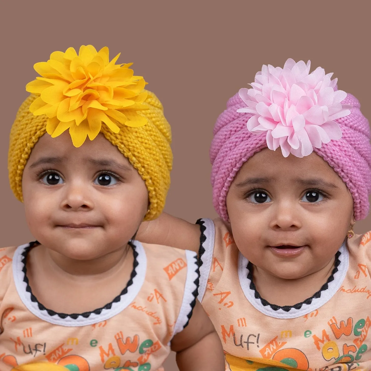 Baby Moo Girls Floral Petals 2 Pack Knitted Turban Caps - Yellow, Pink