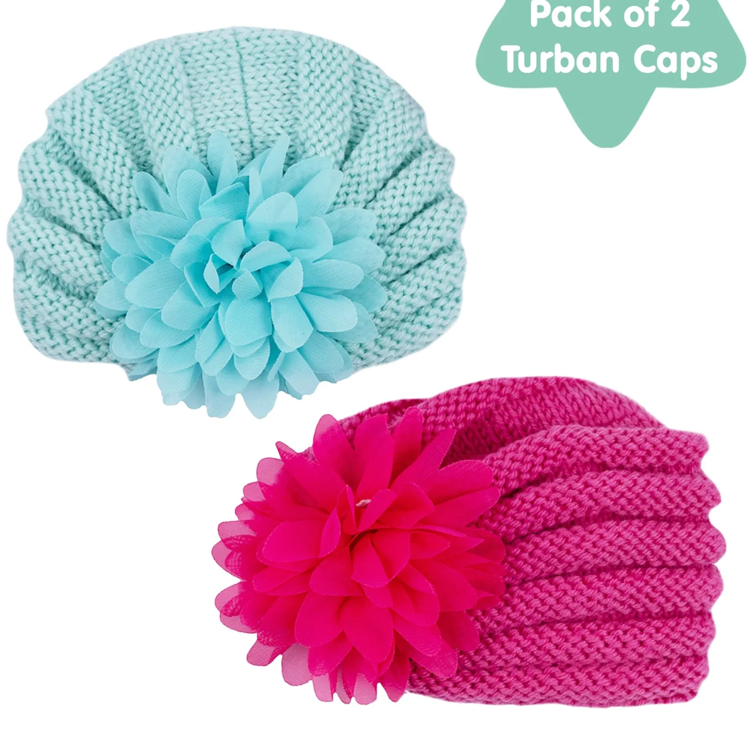 Baby Moo Girls Floral Petals 2 Pack Knitted Turban Caps - Turquoise, Maroon