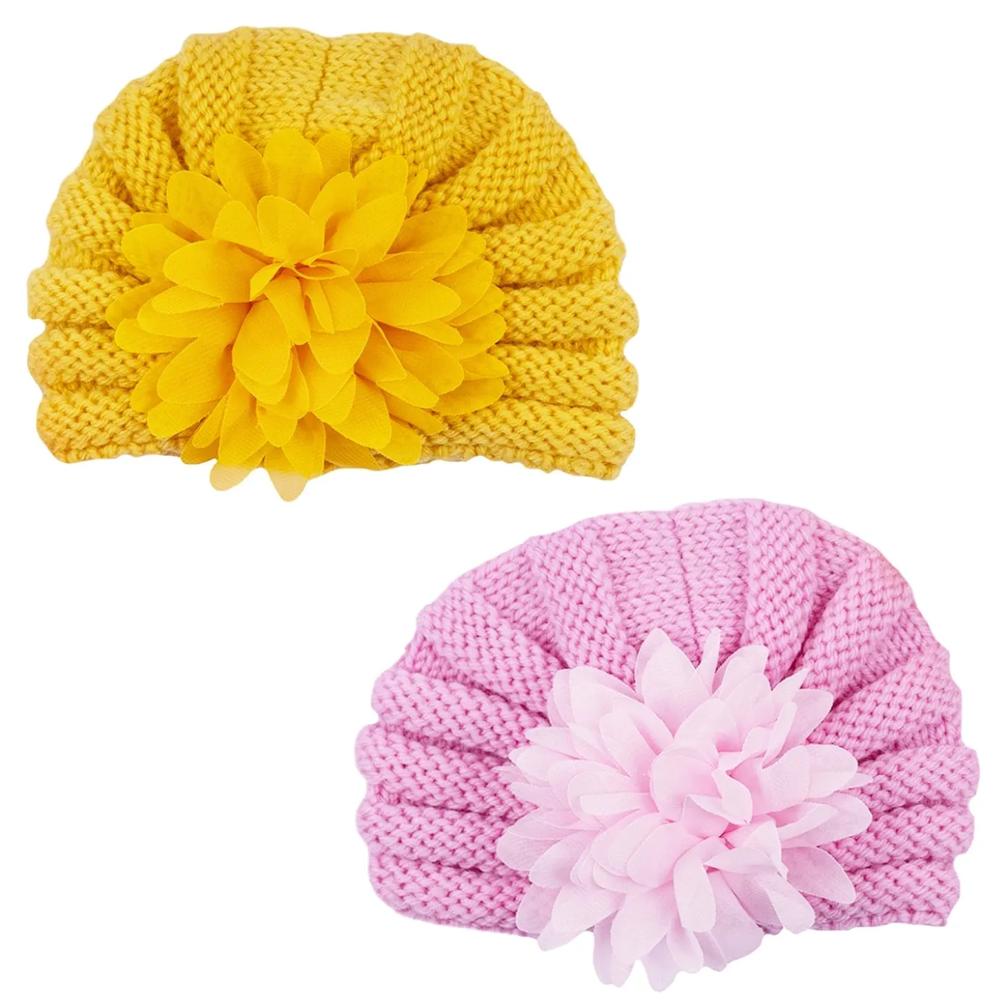 Baby Moo Girls Floral Petals 2 Pack Knitted Turban Caps - Yellow, Pink
