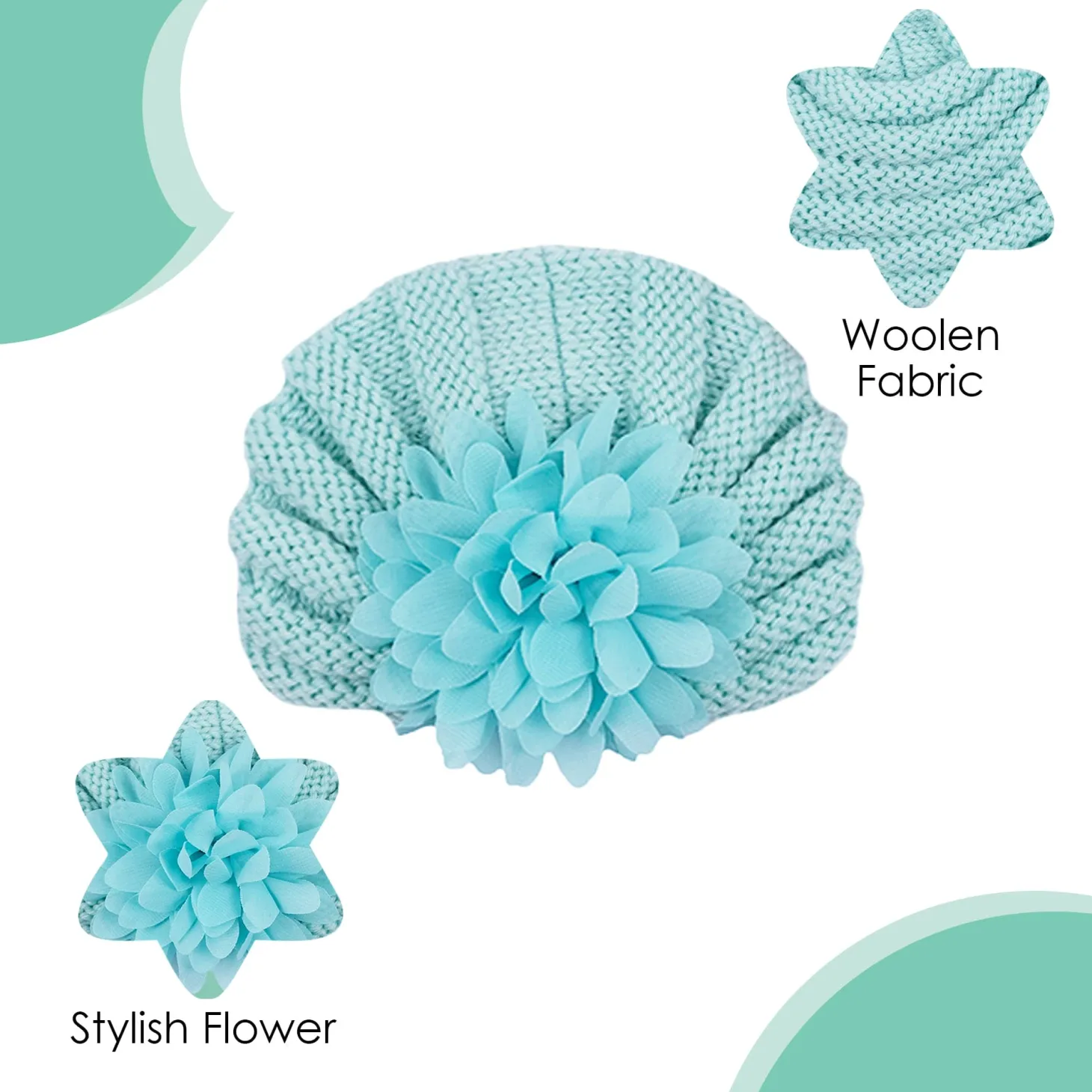 Baby Moo Girls Floral Petals 2 Pack Knitted Turban Caps - Turquoise, Maroon