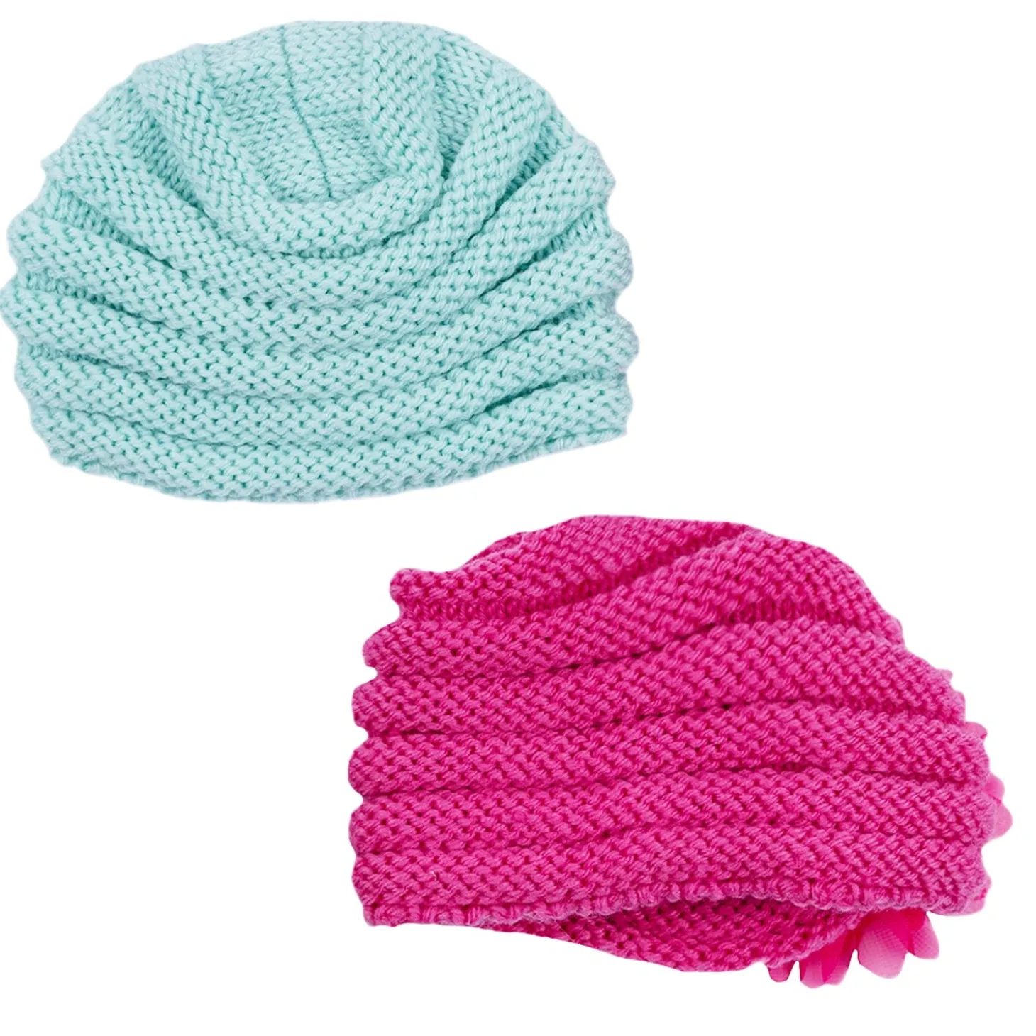 Baby Moo Girls Floral Petals 2 Pack Knitted Turban Caps - Turquoise, Maroon