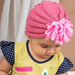 Baby Moo Girls Floral Petals 2 Pack Knitted Turban Caps - Turquoise, Maroon