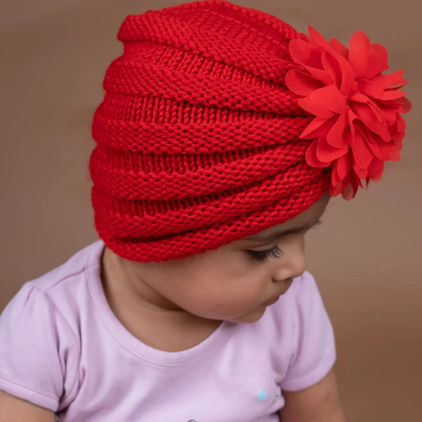 Baby Moo Girls Floral Petals 2 Pack Knitted Turban Caps - Red, Pink
