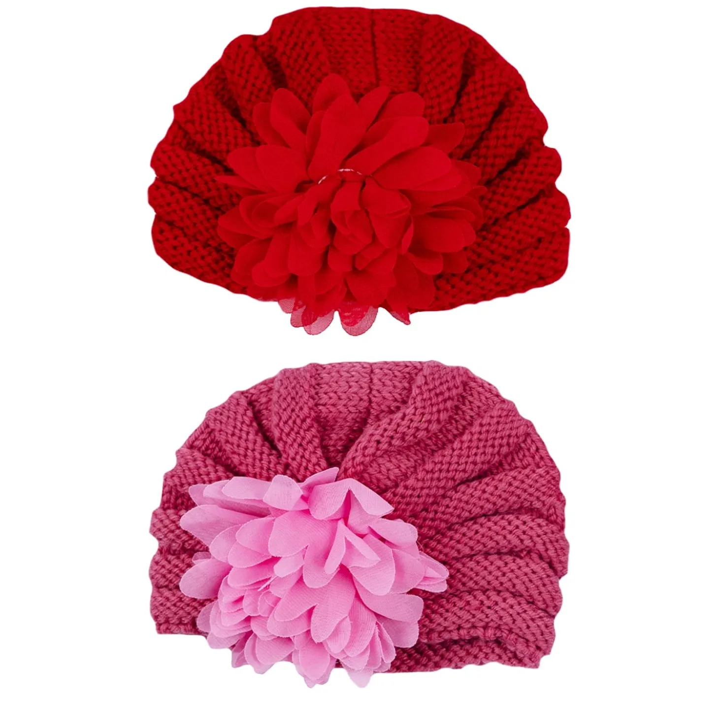 Baby Moo Girls Floral Petals 2 Pack Knitted Turban Caps - Red, Pink