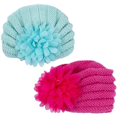 Baby Moo Girls Floral Petals 2 Pack Knitted Turban Caps - Turquoise, Maroon