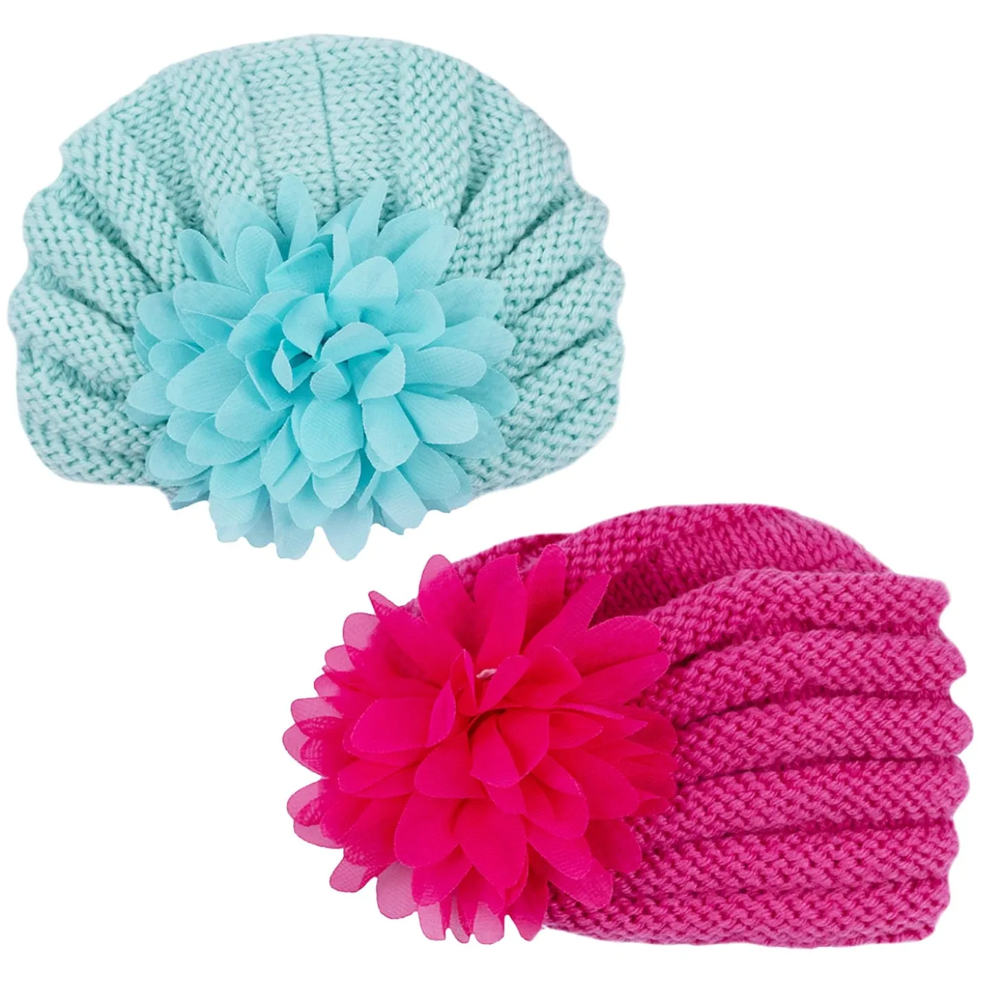 Baby Moo Girls Floral Petals 2 Pack Knitted Turban Caps - Turquoise, Maroon