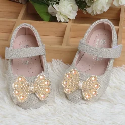 Baby Moo Glittery Butterfly Bow Mary Jane Velcro Strap Anti-Skid Ballerina Shoes - Gold