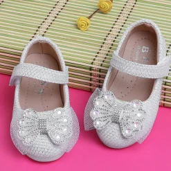 Baby Moo Glittery Butterfly Bow Mary Jane Velcro Strap Anti-Skid Ballerina Shoes - White