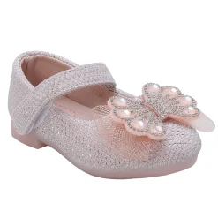 Baby Moo Glittery Butterfly Bow Mary Jane Velcro Strap Anti-Skid Ballerina Shoes - Pink