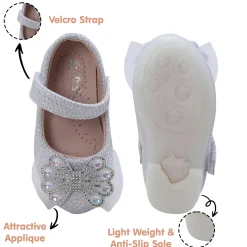 Baby Moo Glittery Butterfly Bow Mary Jane Velcro Strap Anti-Skid Ballerina Shoes - White