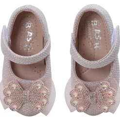 Baby Moo Glittery Butterfly Bow Mary Jane Velcro Strap Anti-Skid Ballerina Shoes - Pink