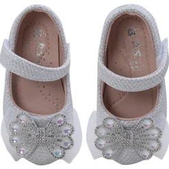Baby Moo Glittery Butterfly Bow Mary Jane Velcro Strap Anti-Skid Ballerina Shoes - White